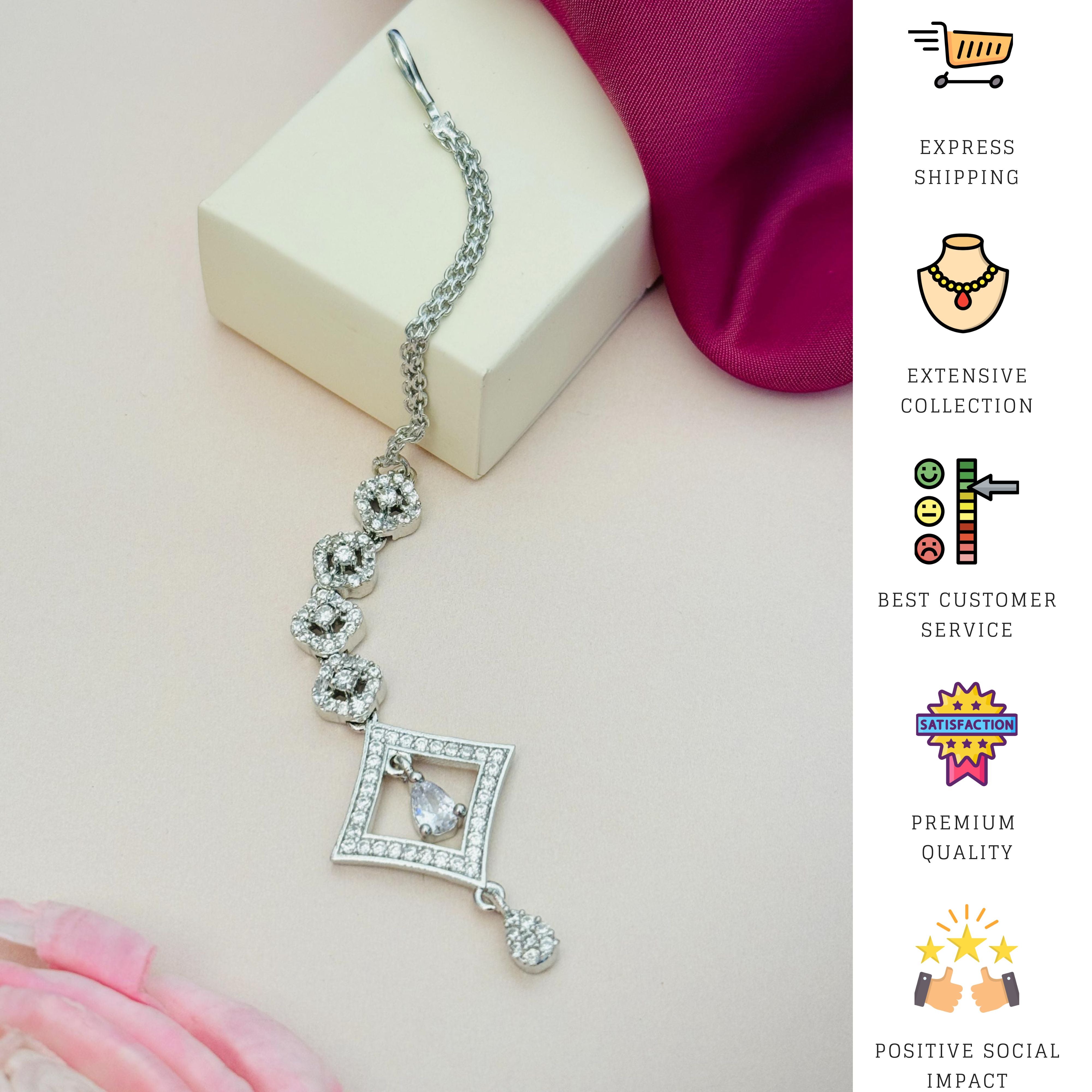 Silver Plated American Diamond Maangtikka with floral and geometric design from Abdesignsjewellery