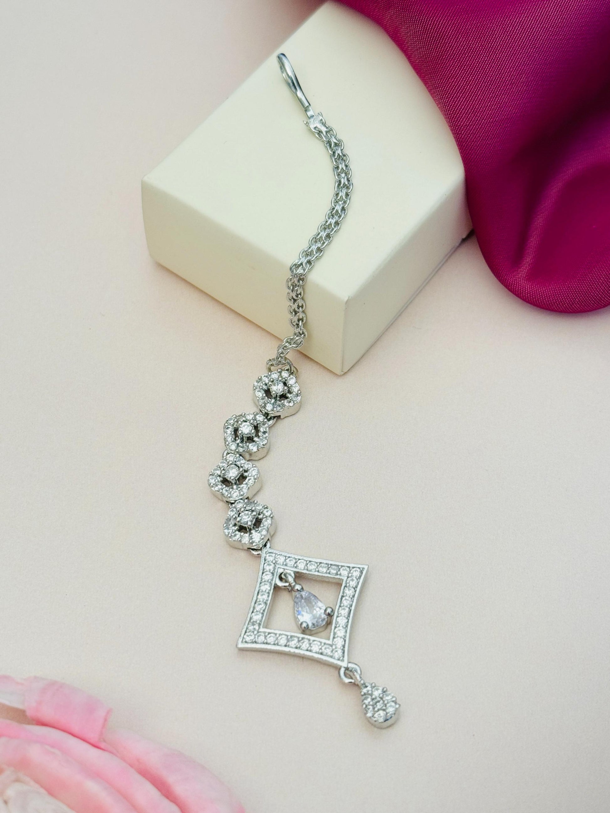 Silver Plated American Diamond Maangtikka and geometric design from Abdesignsjewellery
