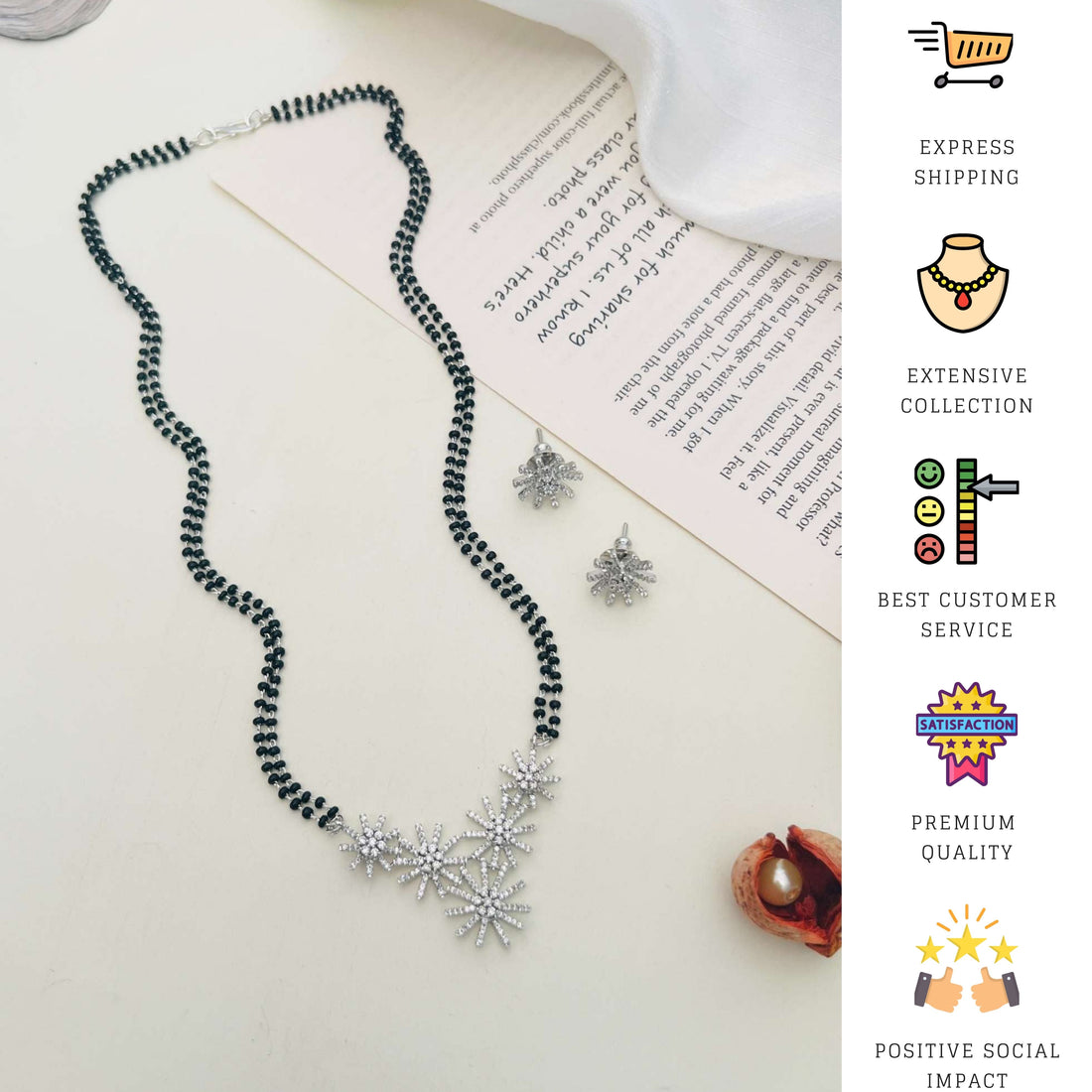 Silver Plated American Diamond Mangalsutra Set with floral design on black beads necklace