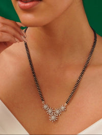 Thumbnail for Silver Plated American Diamond Mangalsutra Set with floral design on black beads necklace