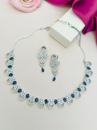 Thumbnail for Silver Plated American Diamond Necklace with matching earrings featuring blue stones by Abdesignsjewellery