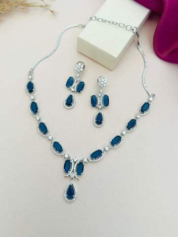 Silver Plated American Diamond Necklace with matching blue gemstone earrings from Abdesignsjewellery