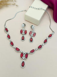 Thumbnail for Silver Plated American Diamond Necklace with matching earrings featuring red oval and teardrop stones