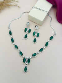 Thumbnail for Silver Plated American Diamond Necklace with green gemstones and matching earrings from Abdesignsjewellery