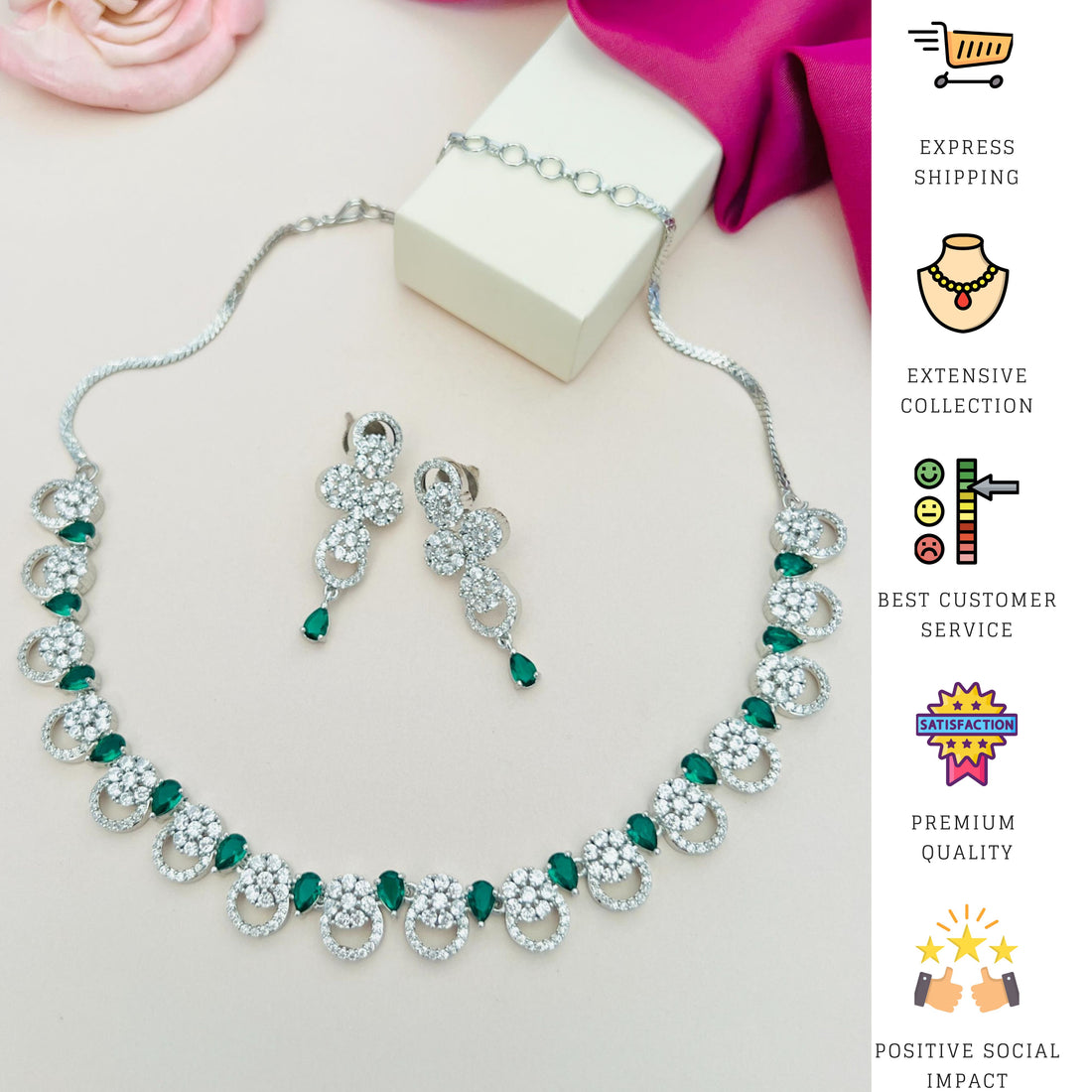 Abdesigns Jewellery Magnificent Silver Plated American Diamond Necklace Set worn by model with matching earrings