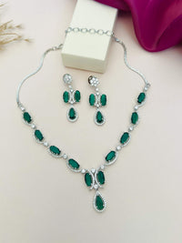 Thumbnail for Silver Plated American Diamond Necklace with matching green stone earrings by Abdesignsjewellery