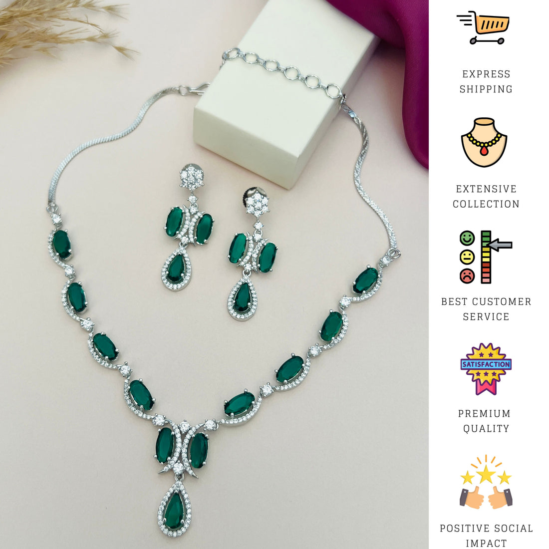 Silver Plated American Diamond Necklace with blue stones worn by woman from Abdesignsjewellery