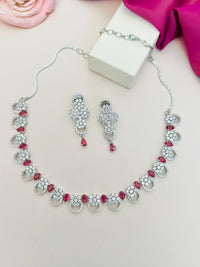 Thumbnail for Silver Plated American Diamond Necklace with matching earrings featuring red gemstone accents by Abdesignsjewellery