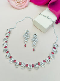 Thumbnail for Silver Plated American Diamond Necklace with matching earrings featuring red teardrop stones by Abdesignsjewellery