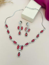 Thumbnail for Silver Plated American Diamond Necklace with matching red gemstone earrings from Abdesignsjewellery