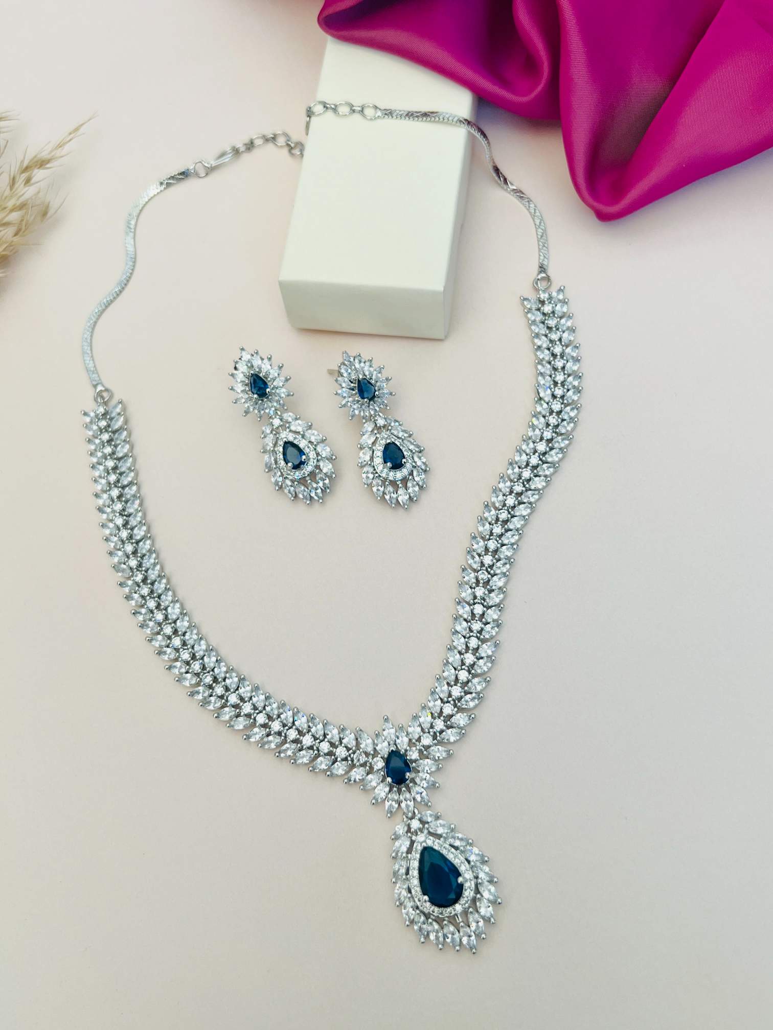 Silver Plated American Diamond Necklace Set with blue stones and matching earrings by Abdesignsjewellery