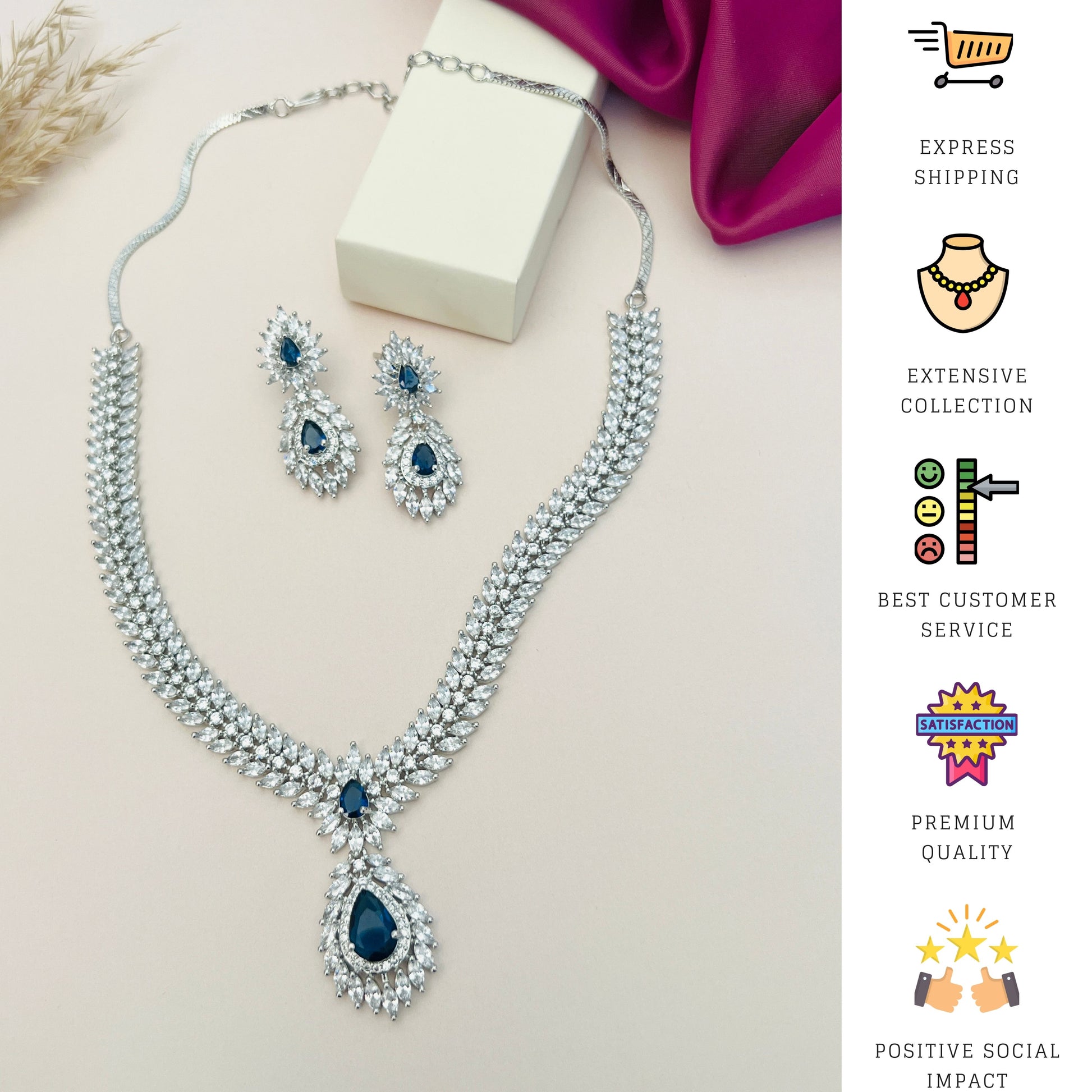 Silver Plated American Diamond Necklace Set with blue stones and matching earrings 