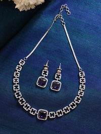 Thumbnail for Silver Plated American Diamond Necklace Set with square purple stones and matching earrings by Abdesignsjewellery