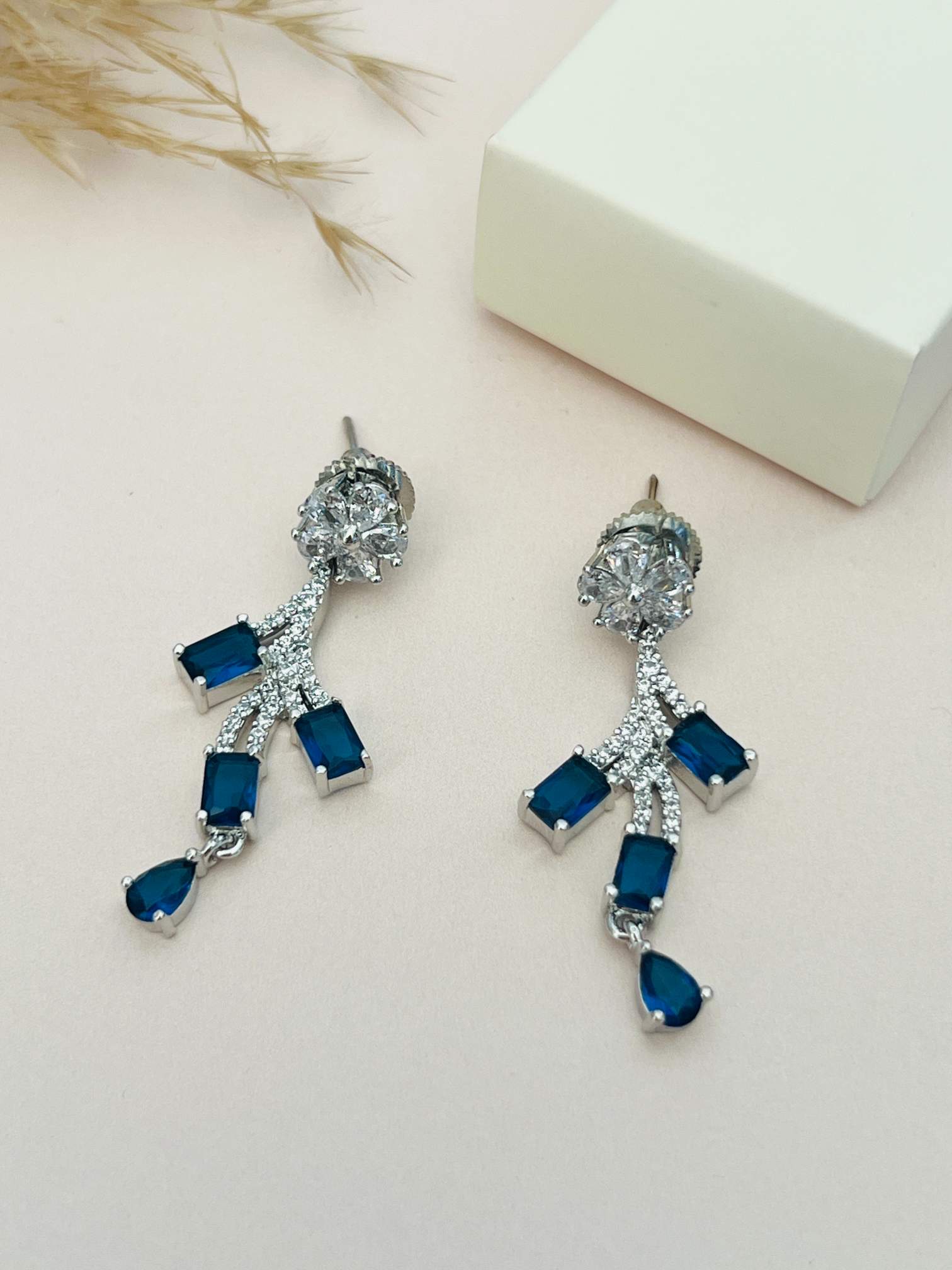 Silver Plated American Diamond Necklace Set featuring blue gemstone dangling earrings by Abdesignsjewellery
