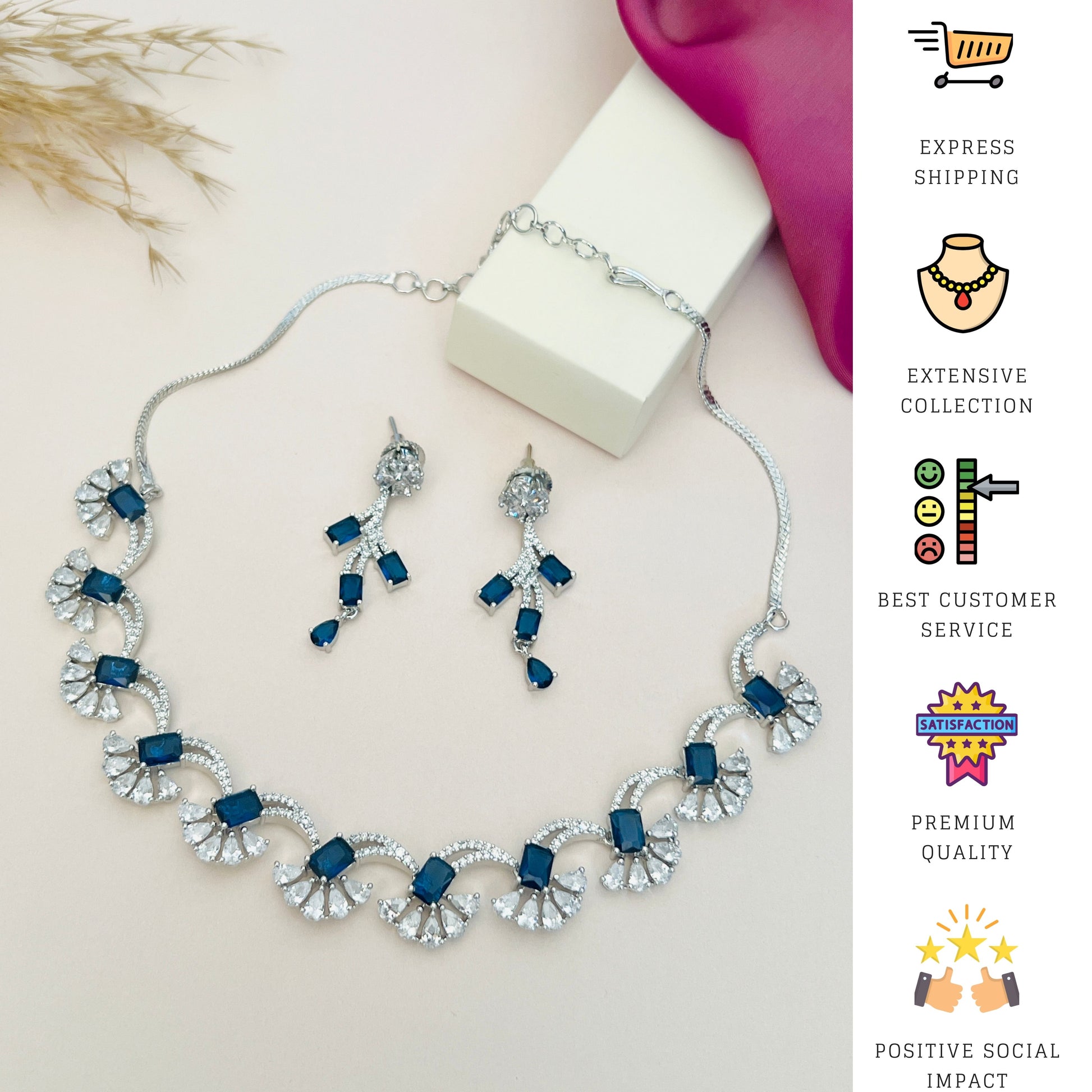 Silver Plated American Diamond Necklace Set with blue stones and matching earrings by Abdesignsjewellery