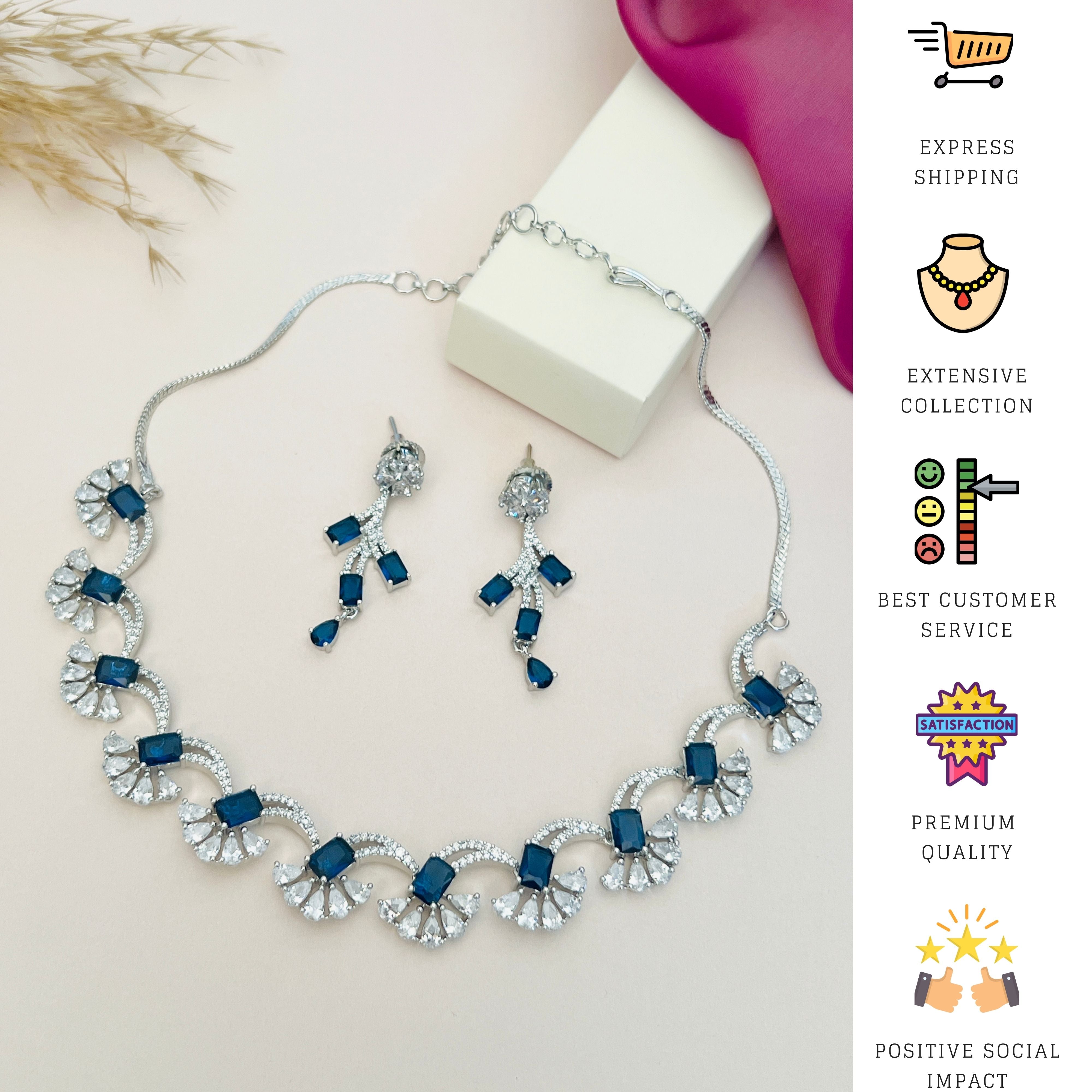 Silver Plated American Diamond Necklace Set with blue stones and matching earrings by Abdesignsjewellery