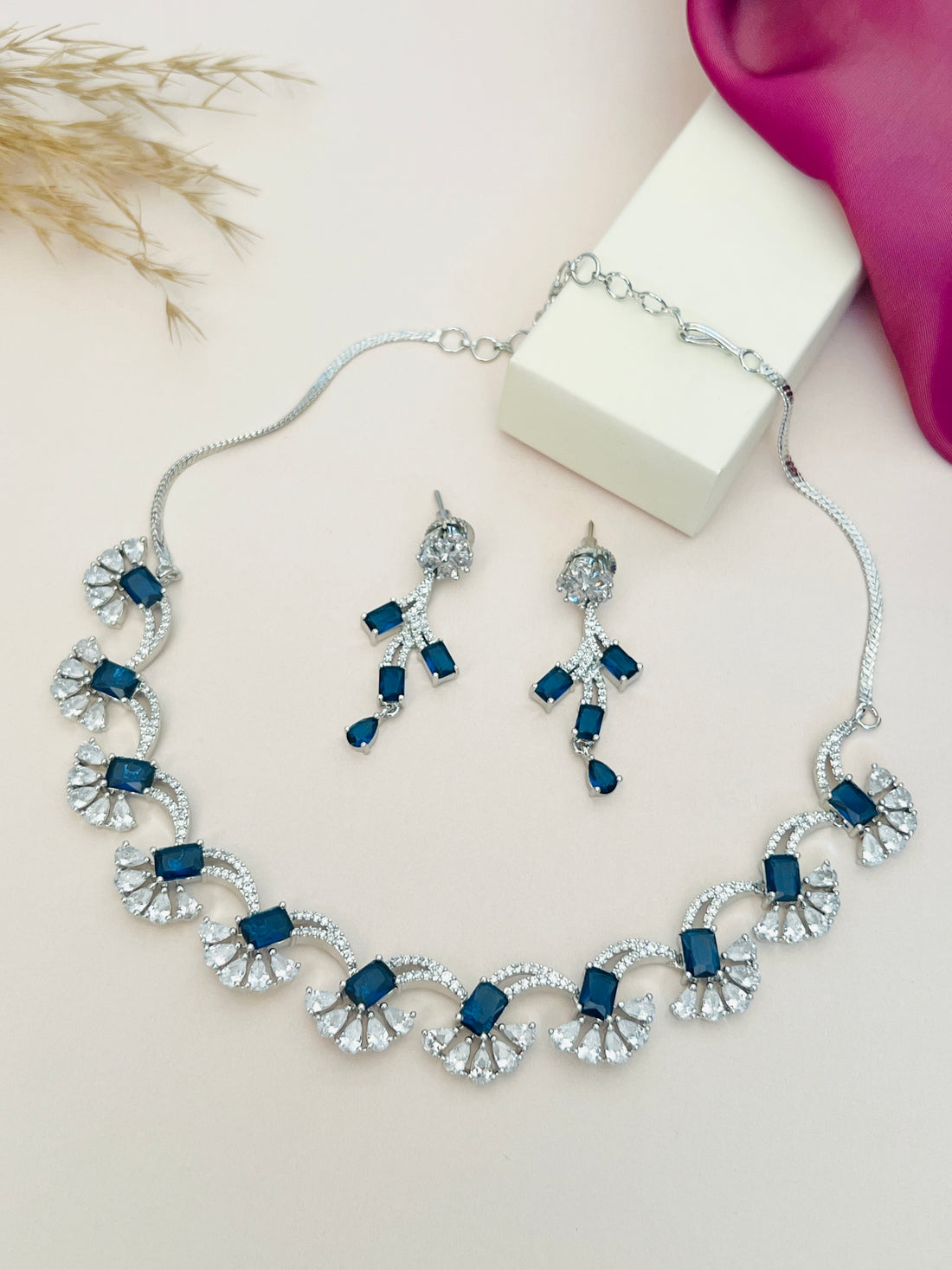 Silver Plated American Diamond Necklace Set by Abdesignsjewellery featuring blue and clear stones with matching earrings