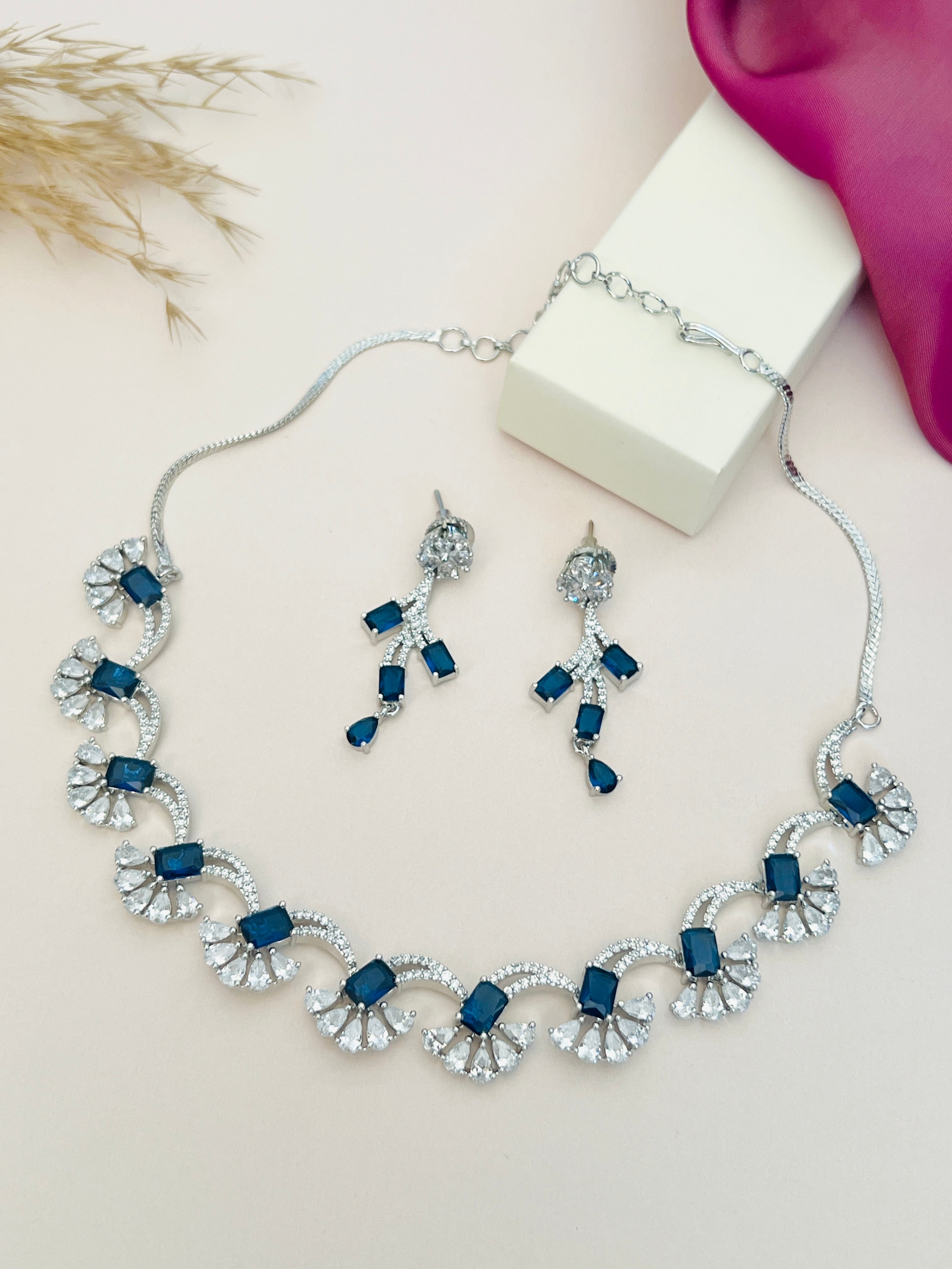 Silver Plated American Diamond Necklace Set by Abdesignsjewellery featuring blue and clear stones with matching earrings