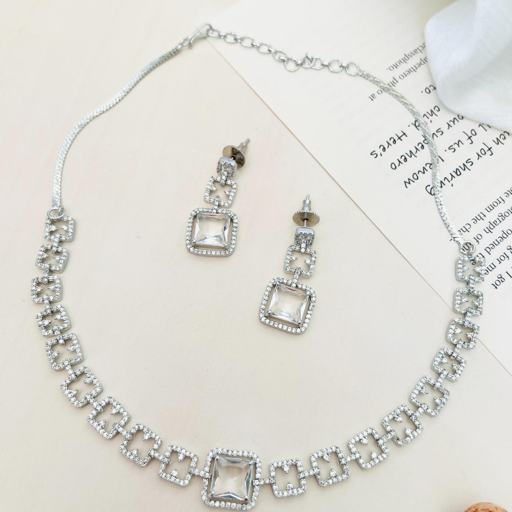 Silver Plated American Diamond Necklace Set featuring square diamond accents and matching earrings