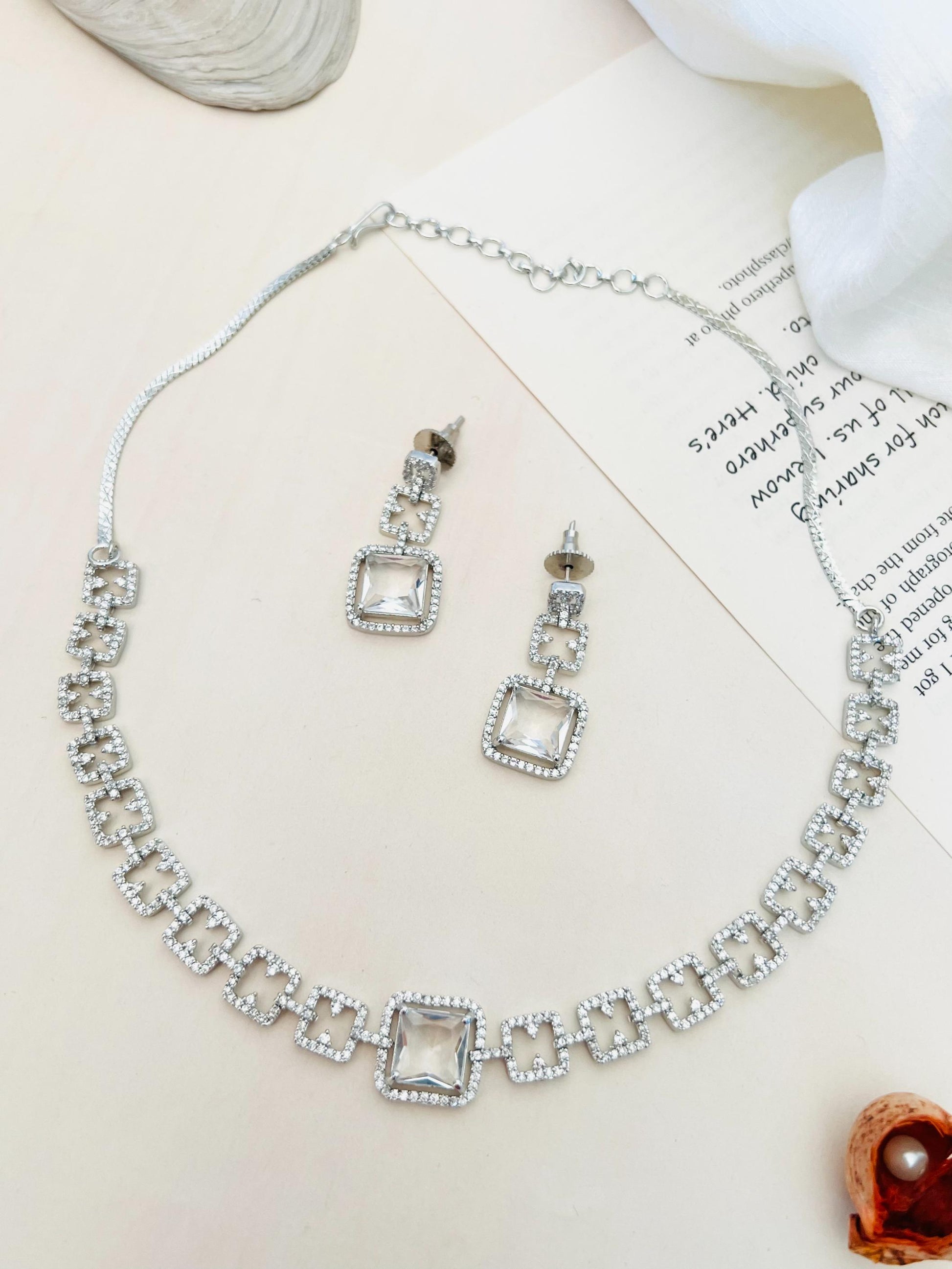 Silver Plated American Diamond Necklace Set featuring square diamond accents and matching earrings
