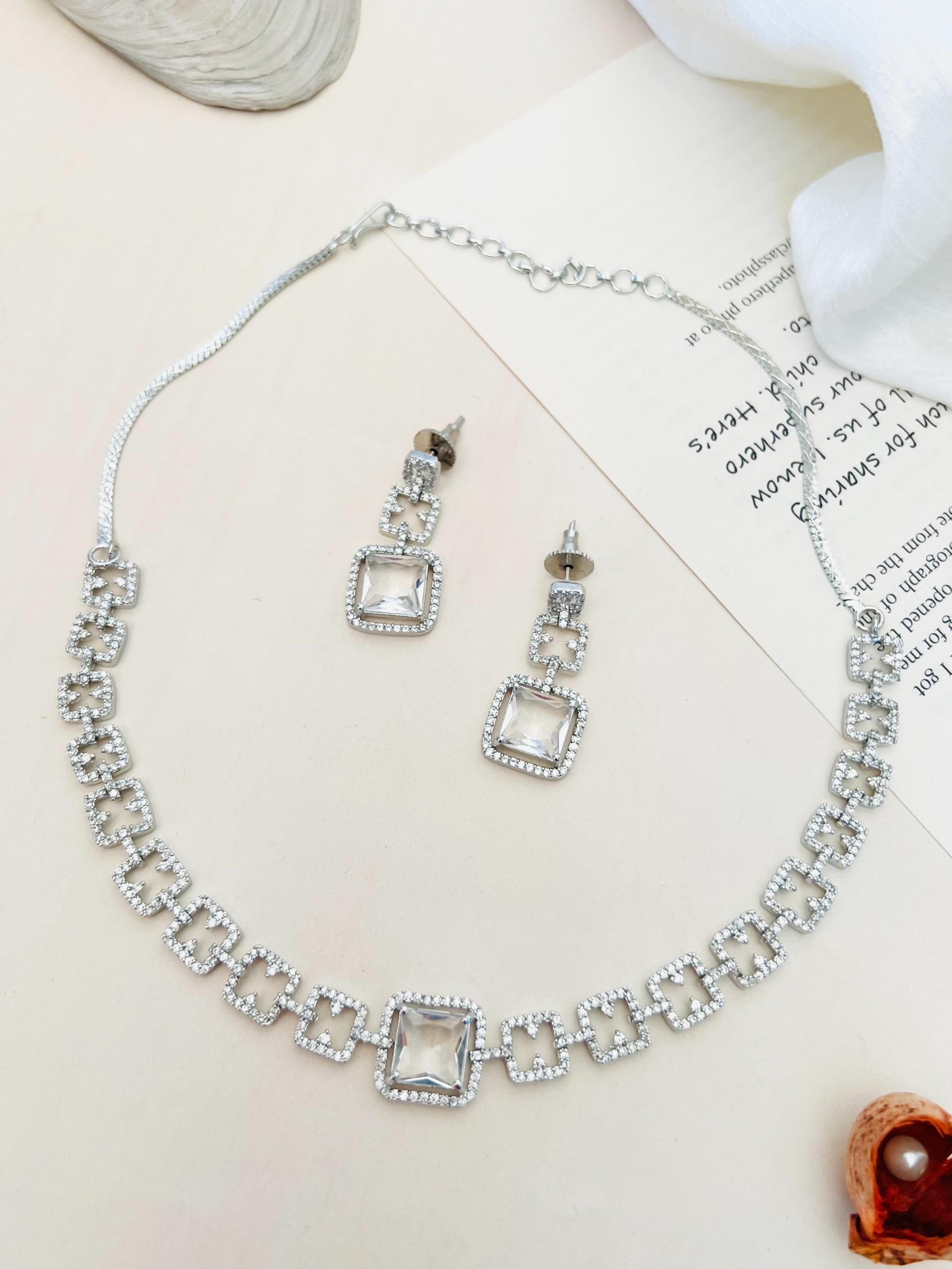 Silver Plated American Diamond Necklace Set featuring square diamond accents and matching earrings