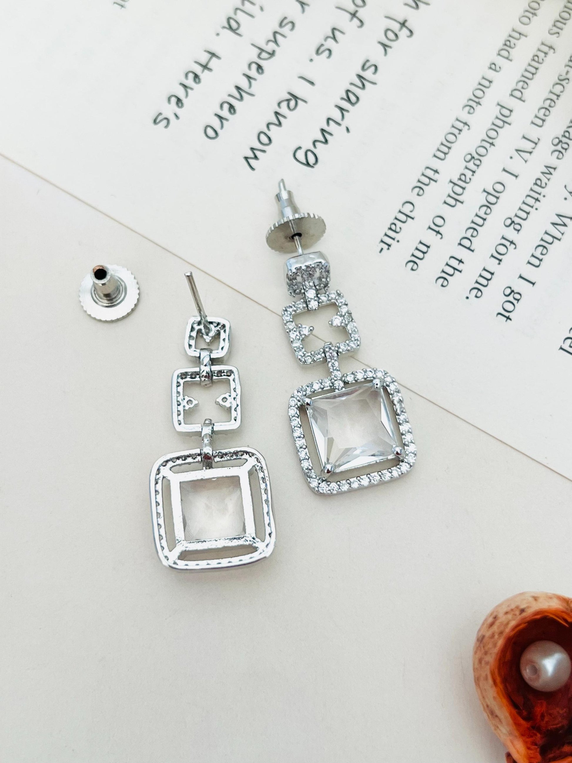Silver Plated American Diamond Necklace Set earrings with square design by Abdesignsjewellery
