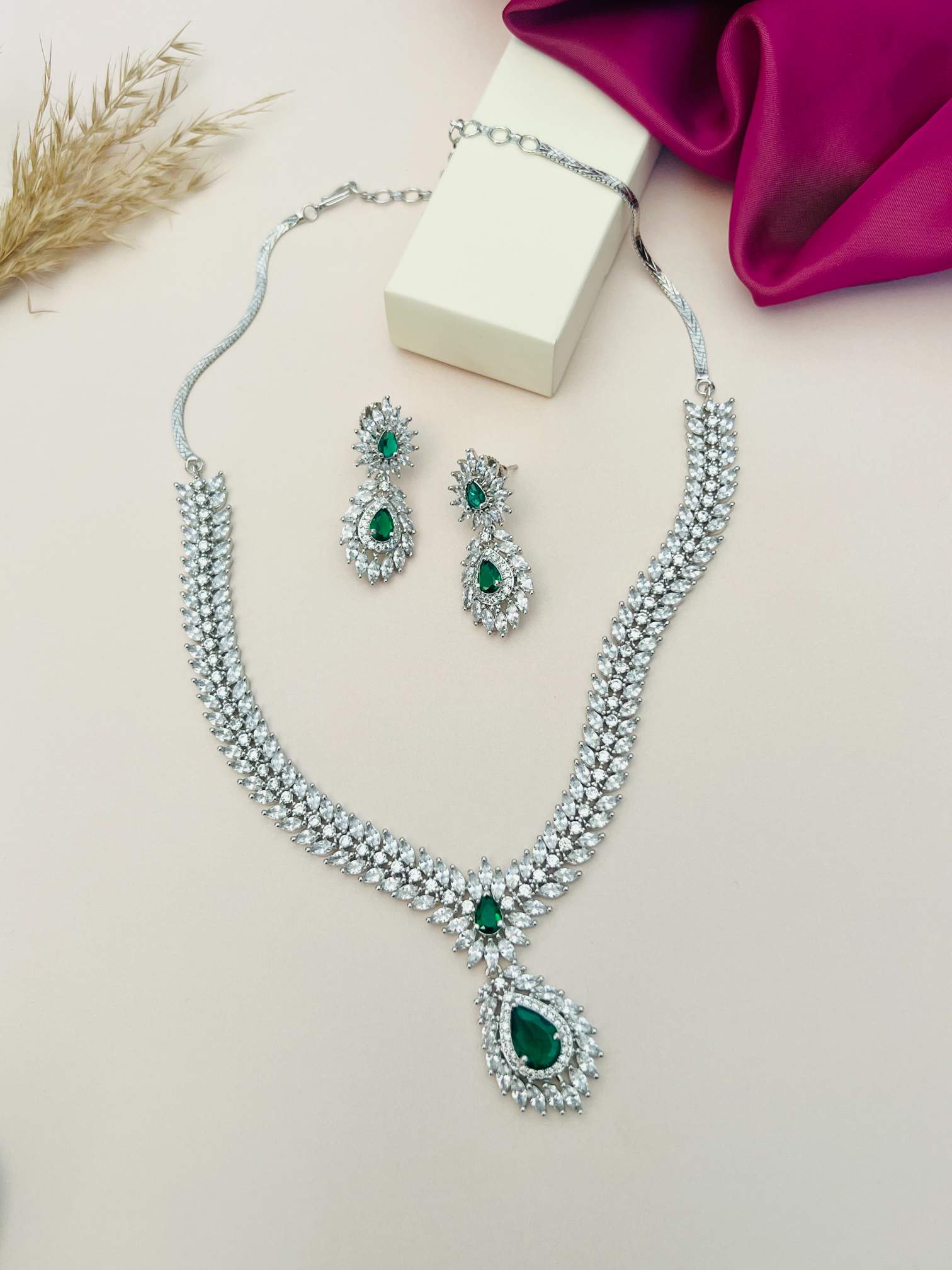 Silver Plated American Diamond Necklace Set with green teardrop stones and matching earrings by Abdesignsjewellery
