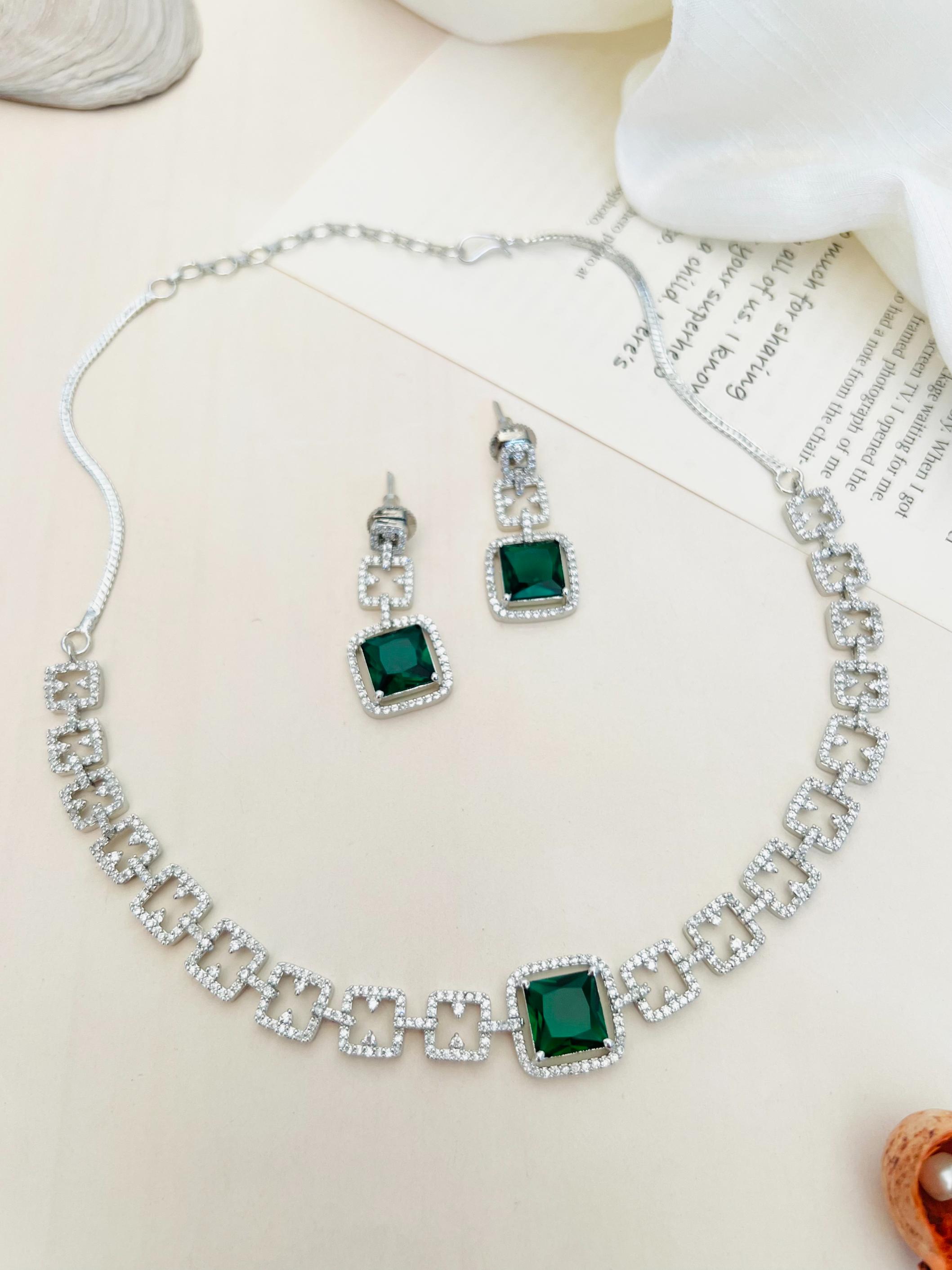 Silver Plated American Diamond Necklace Set with green square gemstones and matching earrings by Abdesignsjewellery