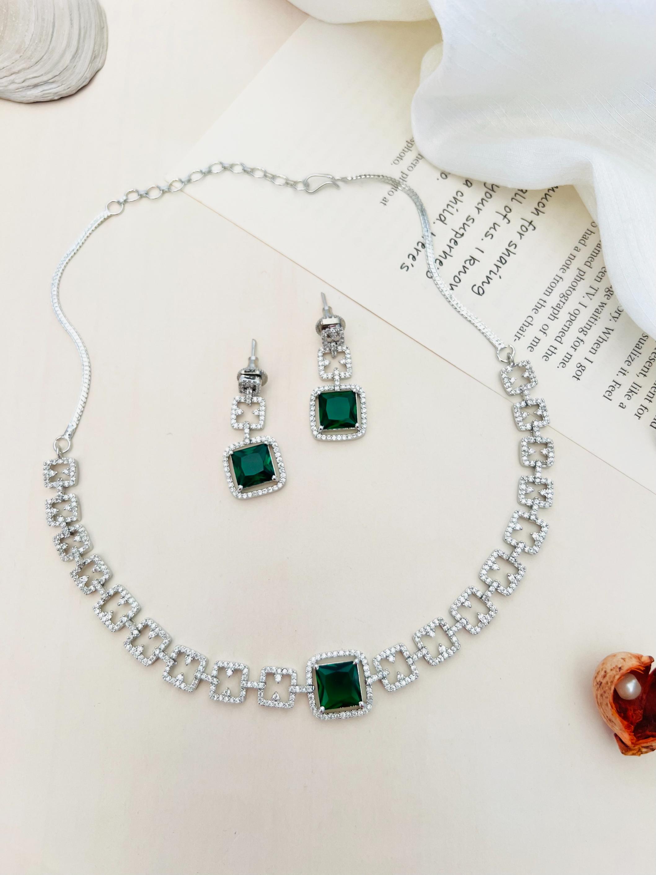Silver Plated American Diamond Necklace Set with green square stones and matching earrings by Abdesignsjewellery