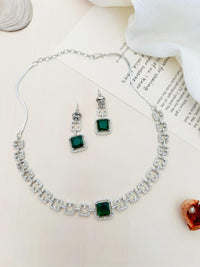 Thumbnail for Silver Plated American Diamond Necklace Set with green square stones and matching earrings by Abdesignsjewellery