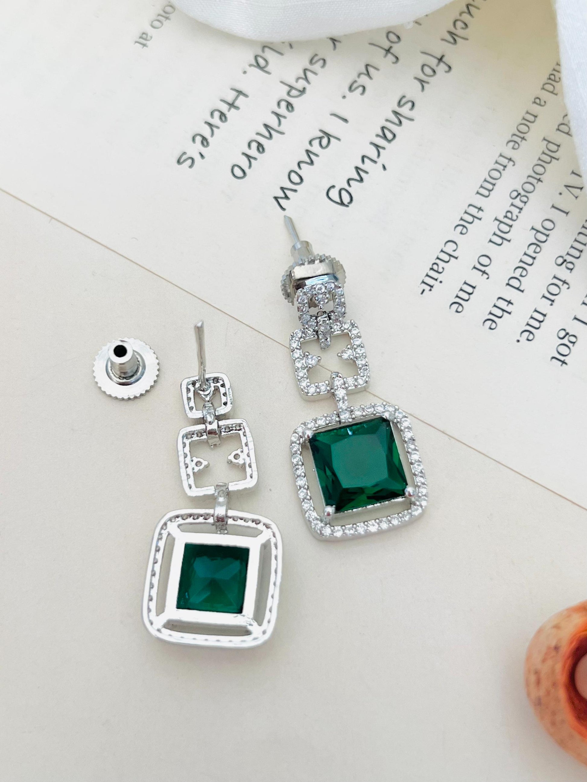 Silver Plated American Diamond Necklace Set featuring square green gemstones with intricate design
