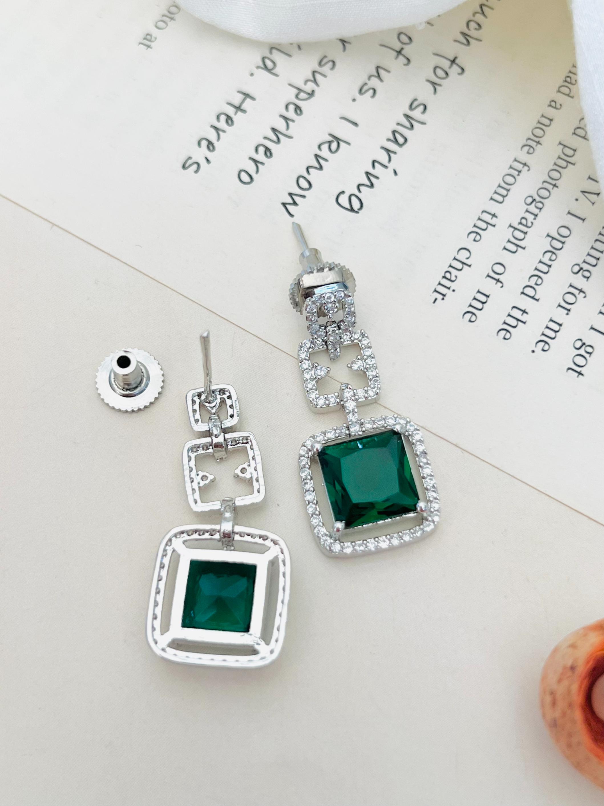 Silver Plated American Diamond Necklace Set featuring square green gemstones with intricate design