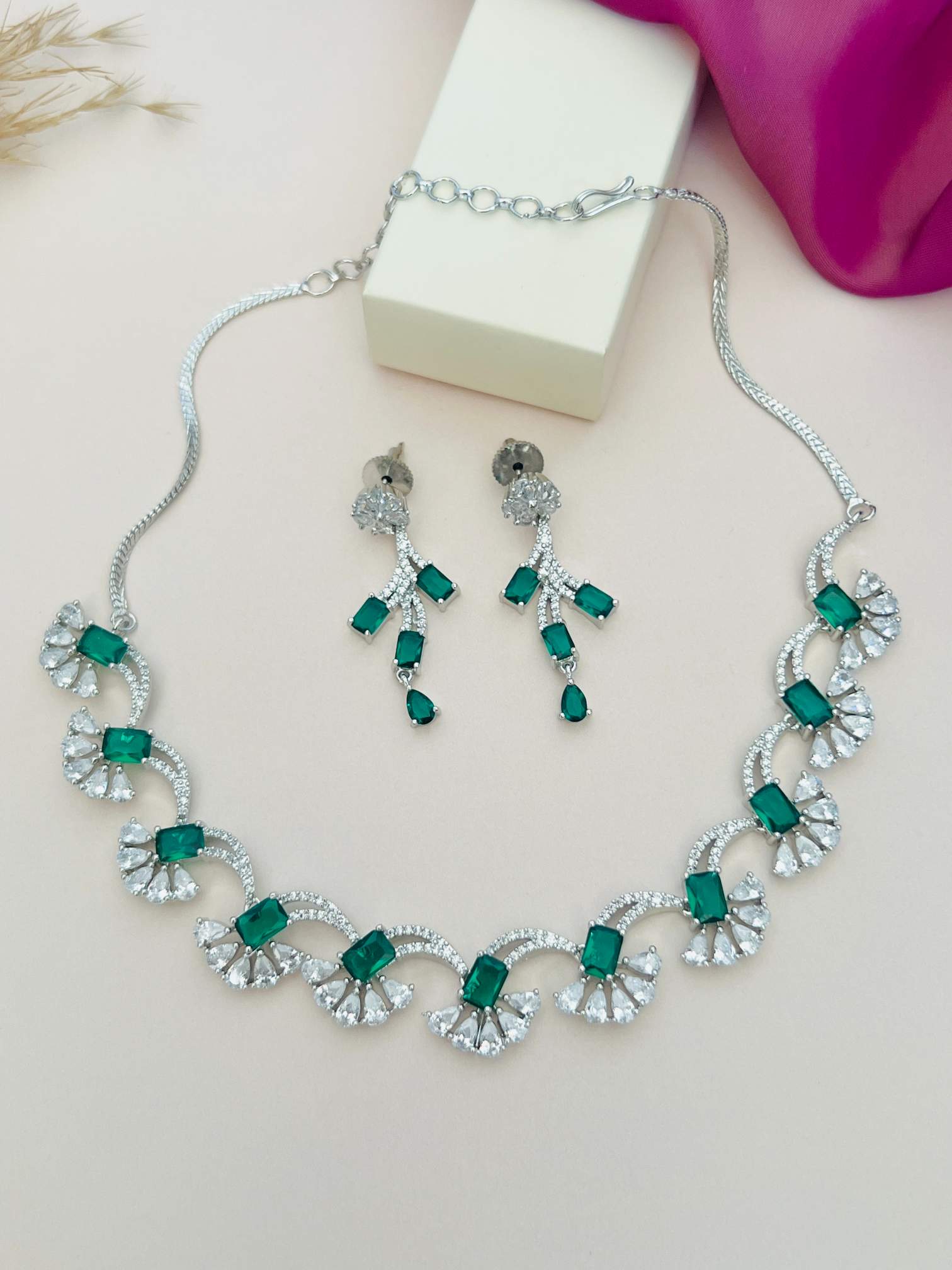 Silver Plated American Diamond Necklace Set with green stones and matching earrings by Abdesignsjewellery