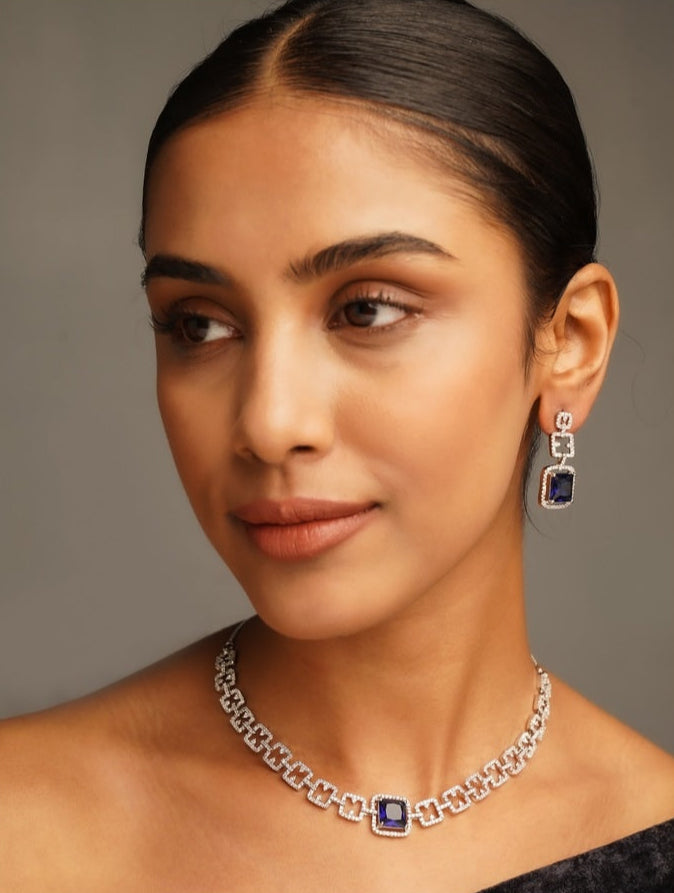 Silver Plated American Diamond Necklace Set with blue stones and matching earrings by Abdesignsjewellery