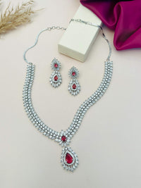 Thumbnail for Silver Plated American Diamond Necklace Set with red gemstones and matching earrings 