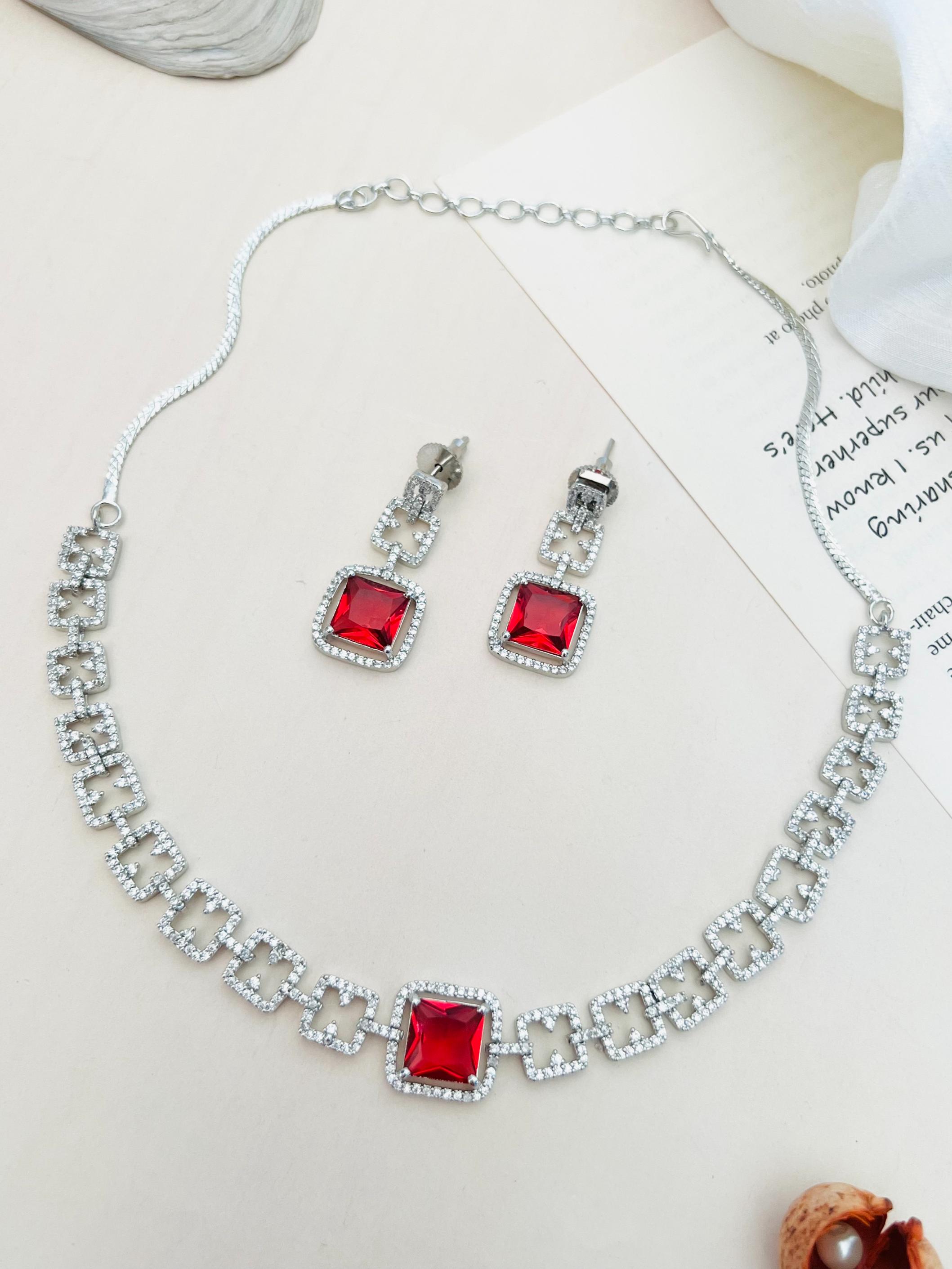 Silver Plated American Diamond Necklace Set with red square stones and matching earrings