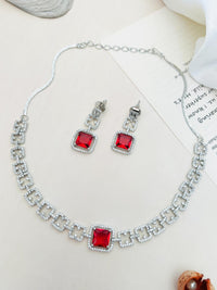 Thumbnail for Silver Plated American Diamond Necklace Set with red square stones and matching earrings