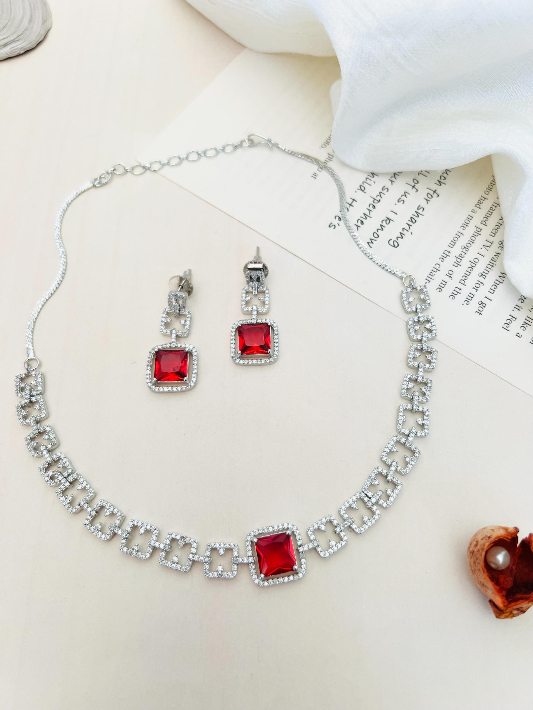 Silver Plated American Diamond Necklace Set with red square gemstones and matching earrings by Abdesignsjewellery