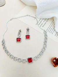 Thumbnail for Silver Plated American Diamond Necklace Set with red square gemstones and matching earrings by Abdesignsjewellery