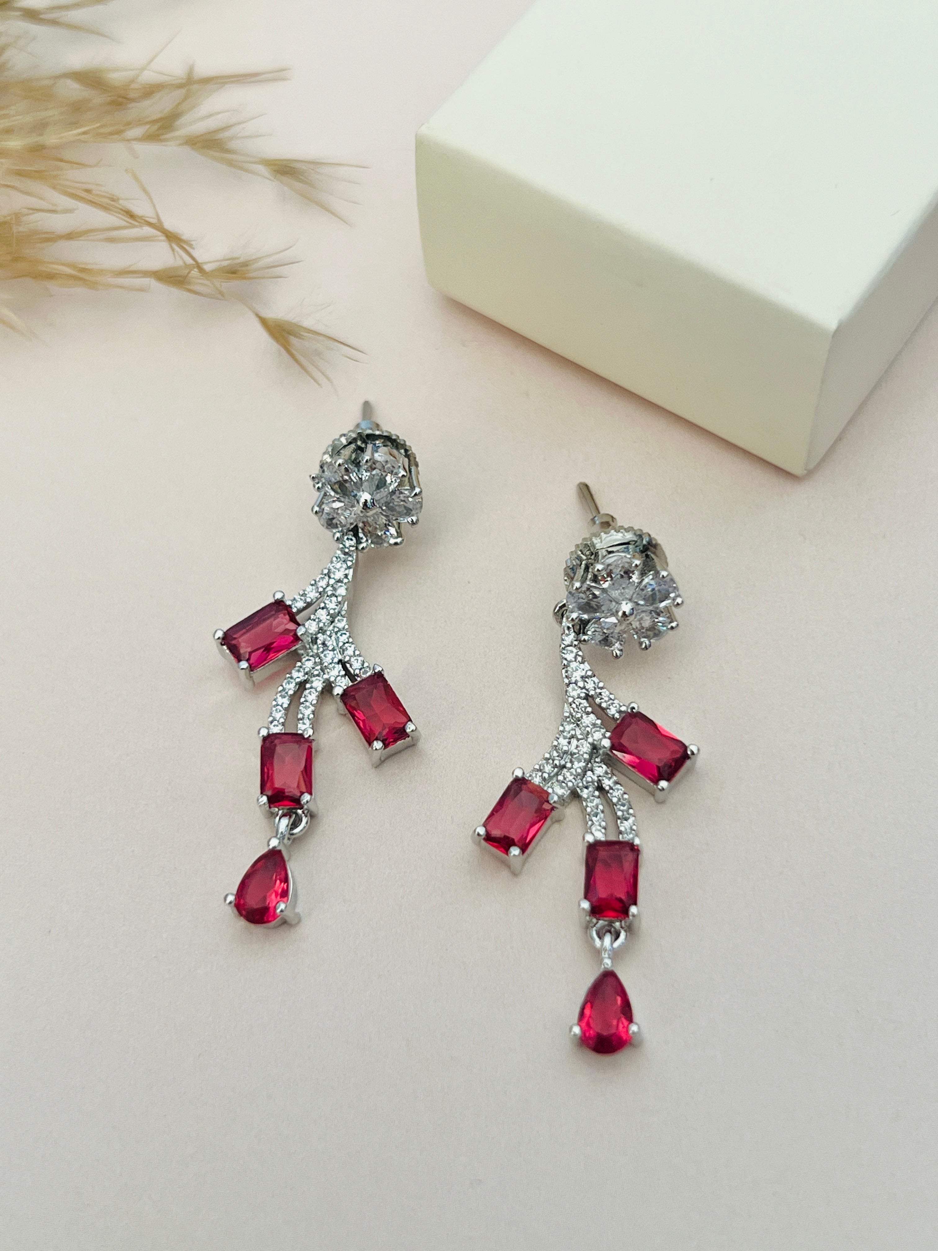 Silver Plated American Diamond Necklace Set earrings with red stones and clear crystals from Abdesignsjewellery