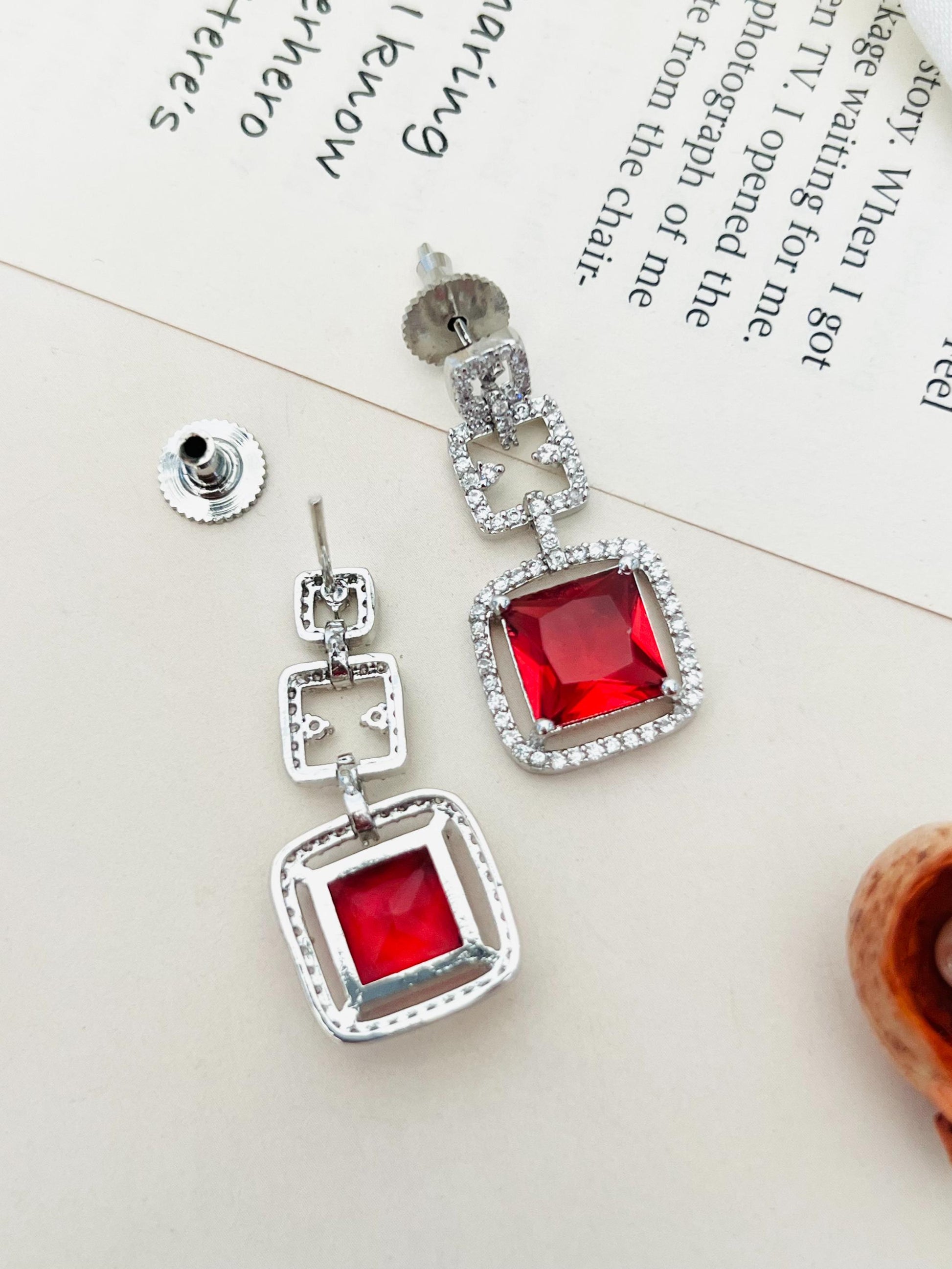 Silver Plated American Diamond Necklace Set featuring square red gemstones with intricate detailing