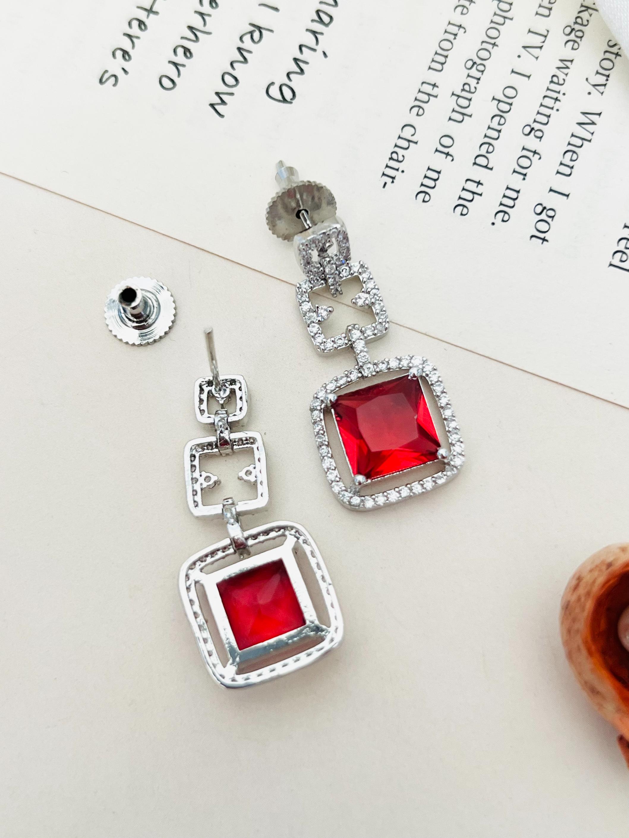 Silver Plated American Diamond Necklace Set featuring square red gemstones with intricate detailing