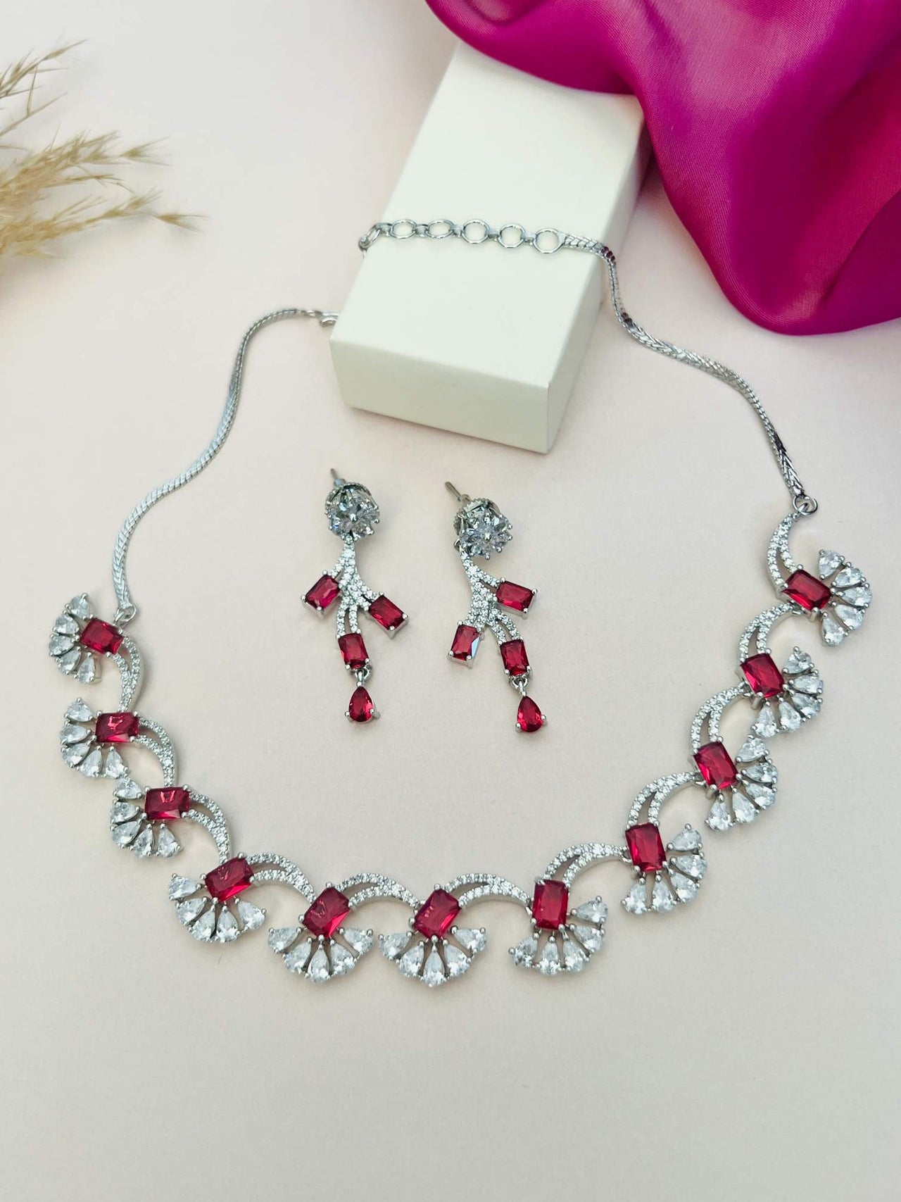 Silver Plated American Diamond Necklace Set with red and clear stones featuring matching earrings by Abdesignsjewellery