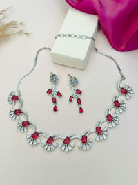 Thumbnail for Silver Plated American Diamond Necklace Set with red and clear stones featuring matching earrings by Abdesignsjewellery