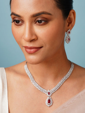 Silver Plated American Diamond Necklace Set with red accents worn by woman by Abdesignsjewellery