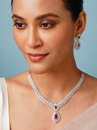 Thumbnail for Silver Plated American Diamond Necklace Set with red accents worn by woman by Abdesignsjewellery