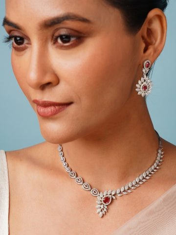 Silver Plated American Diamond Necklace Set worn by woman with matching earrings from Abdesignsjewellery