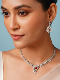 Thumbnail for Silver Plated American Diamond Necklace Set worn by woman with matching earrings from Abdesignsjewellery