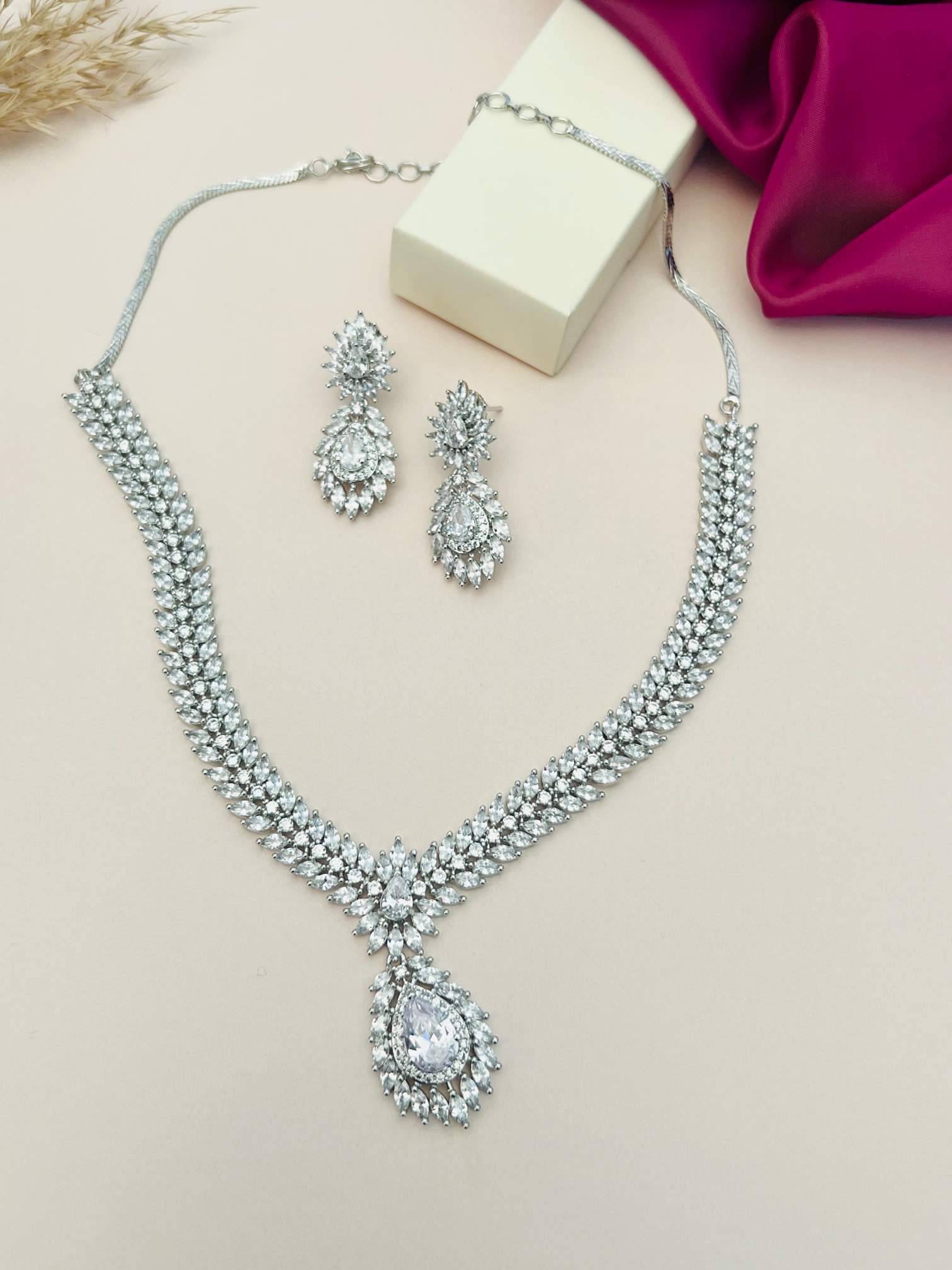 Silver Plated American Diamond Necklace Set with Matching Earrings by Abdesignsjewellery