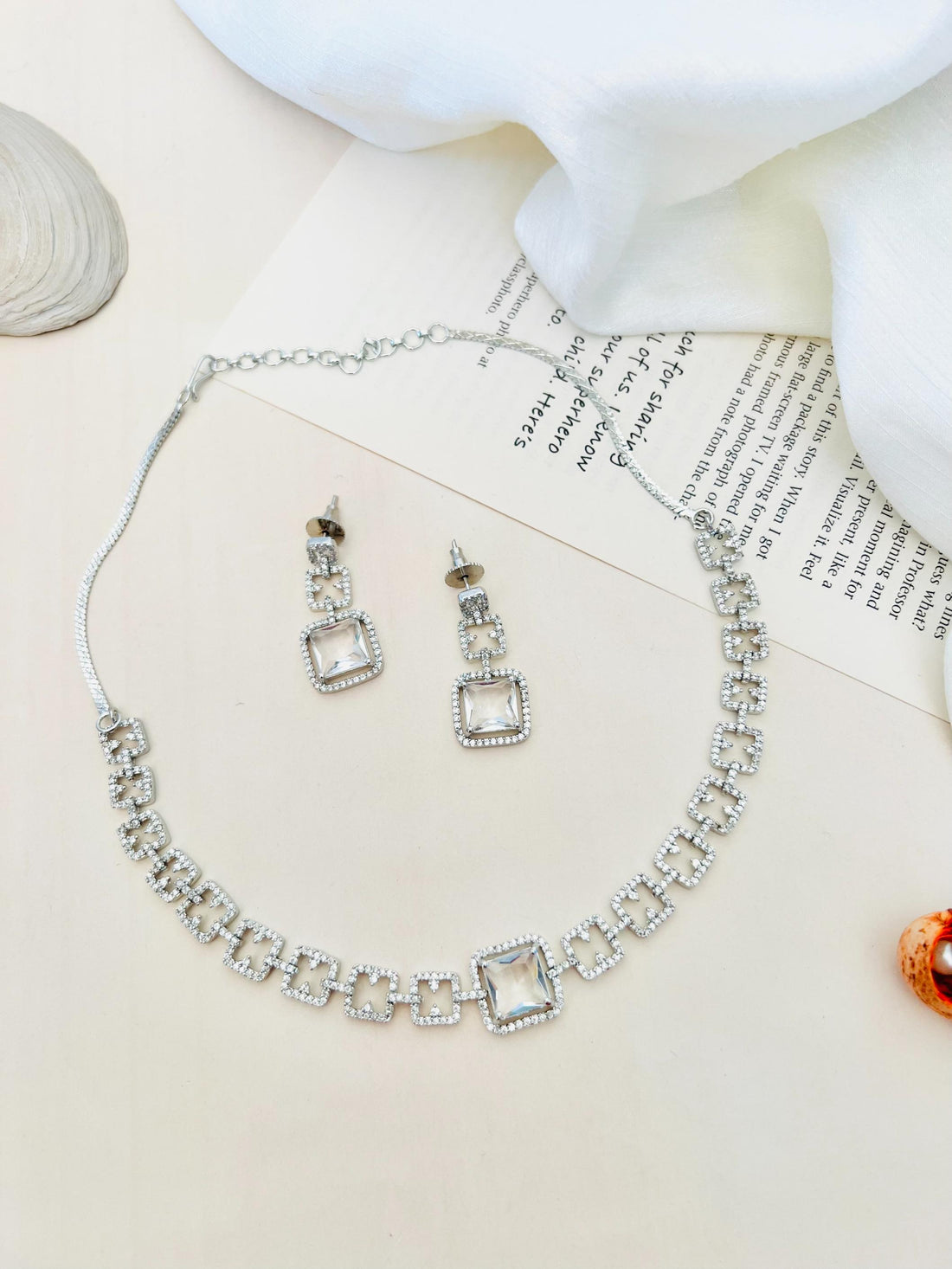 Silver Plated American Diamond Necklace Set featuring square diamond accents and matching earrings